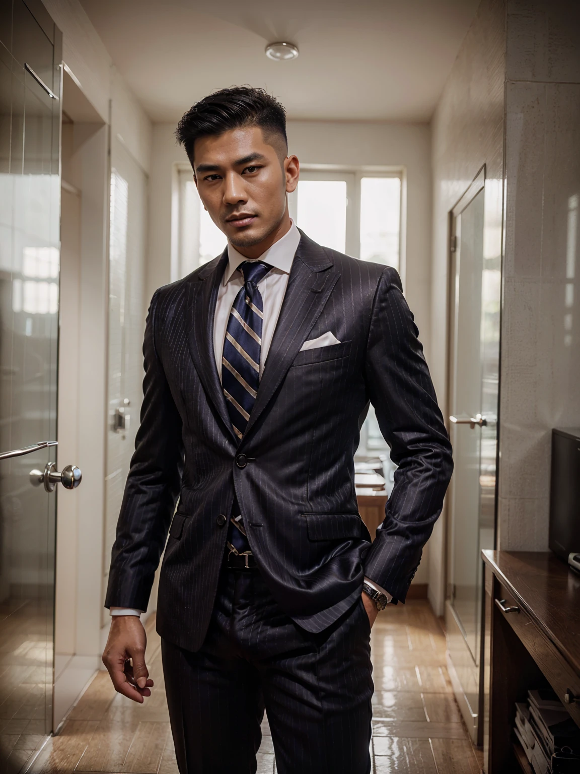 (One men), (Non Women and female), (40ys asian handsome high fade hair hot gay men), in shiny pinstripes stripes sharp suit with silk tie, big cock, dark mode, 8K, Ultra HD