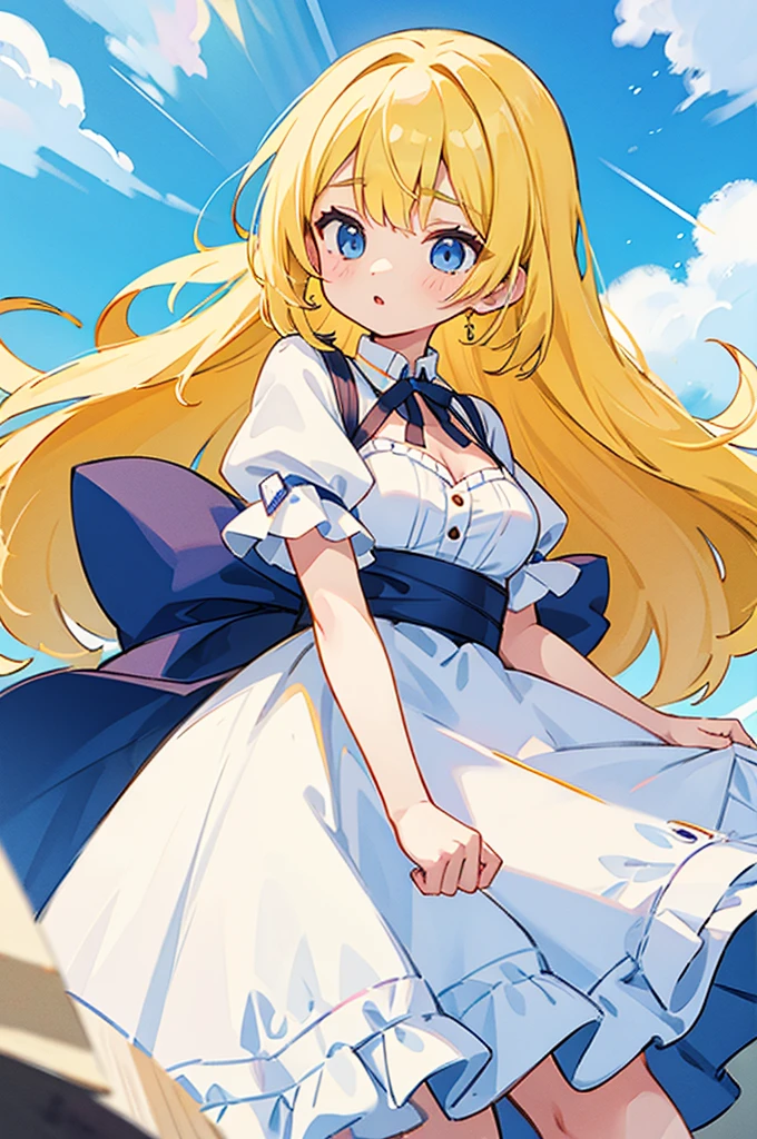 yellow hair, Blue Eyes, long hair, female , white dress, D cup