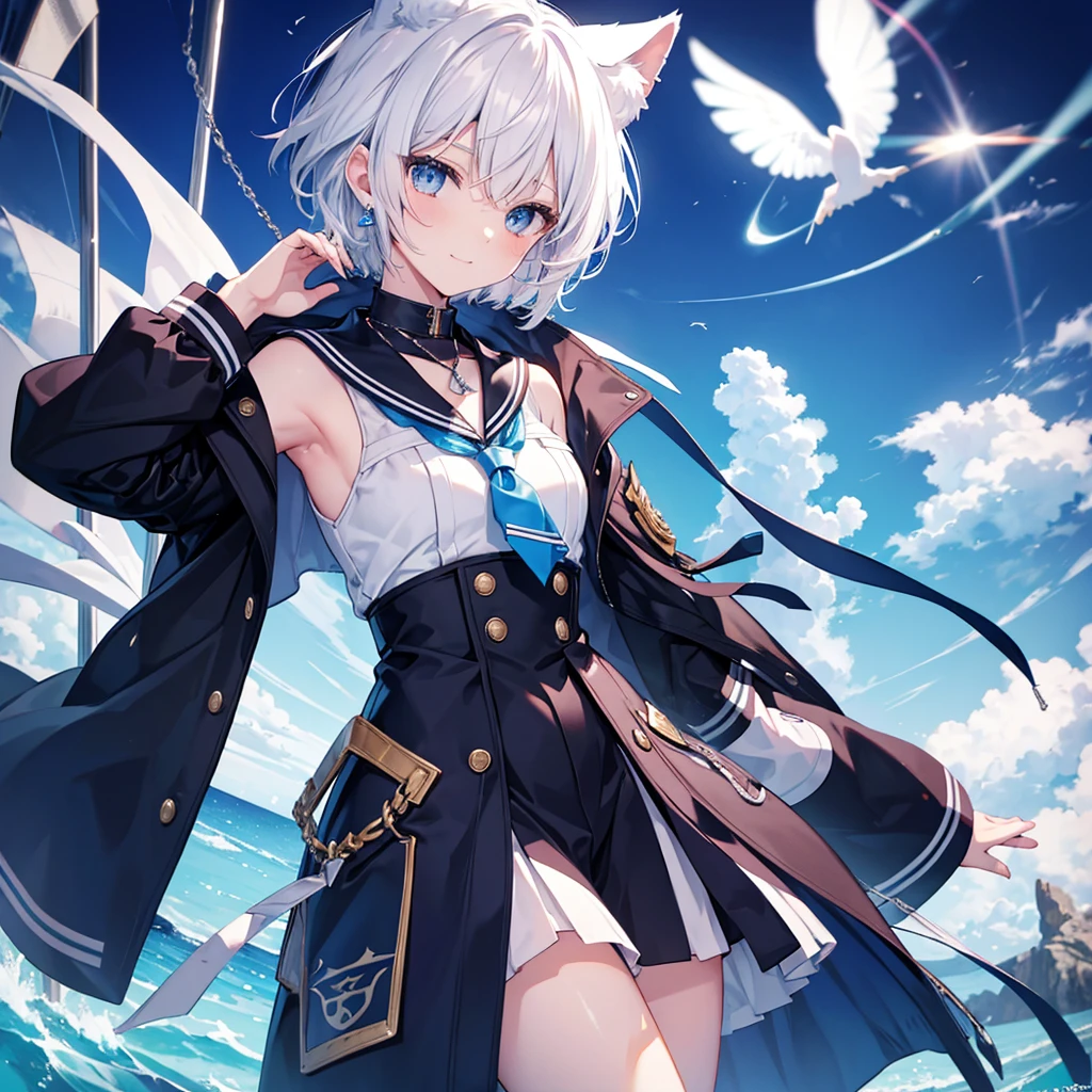 White Hair blue eyes short hair Have student Cat ear nice Blue Earrings necklace gloves beauty thin Sailor suit Put on a black coat Fantasy smile coastal sunset Fluffy hair