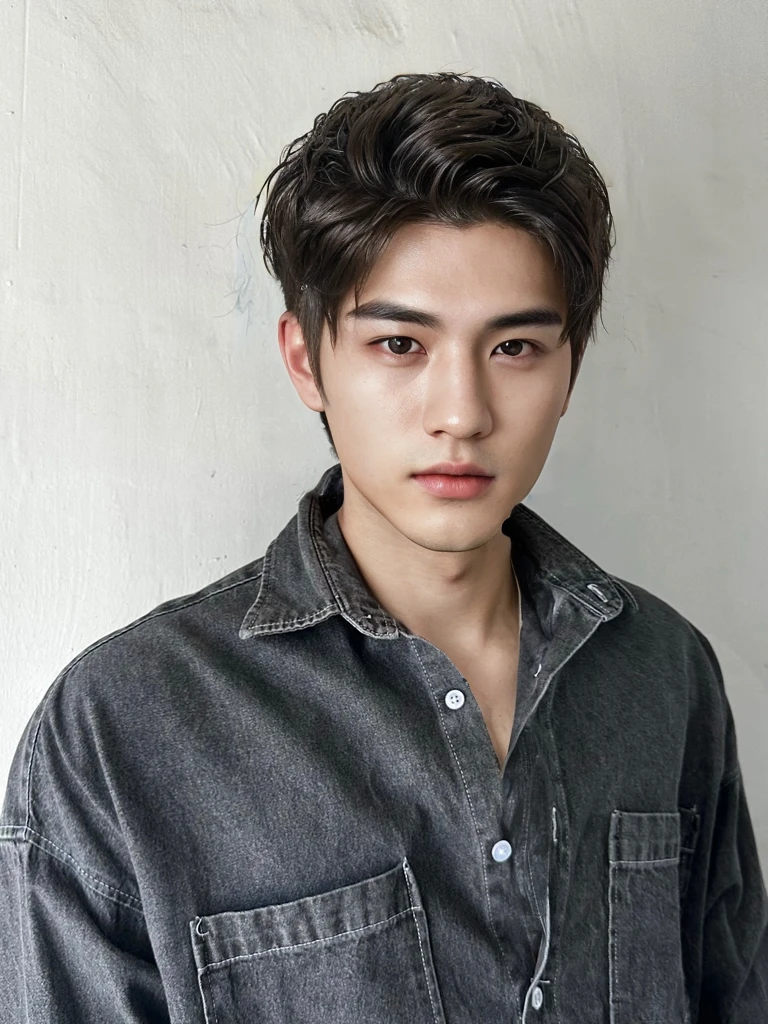 Best Quality, 8k, Masterpiece, (Portrait: 1.3), (photo realistic:1.4), (hyper realistic:1.4), Sharp Focus, looking at viewer, (smoother lighting:1.1), (increase cinematic lighting quality:0.9), realistic lighting, backlighting, light on face, ray trace, (brightening light:1.2), (Increase quality:1.4), sharp detail, (best quality real texture skin:1.4), finely detailed eyes, black_eyes, finely detailed face, 25 year old Korean man, (white formal_shirt:1.4), (Create an image maintaining the original base model hairstyle:1.5)