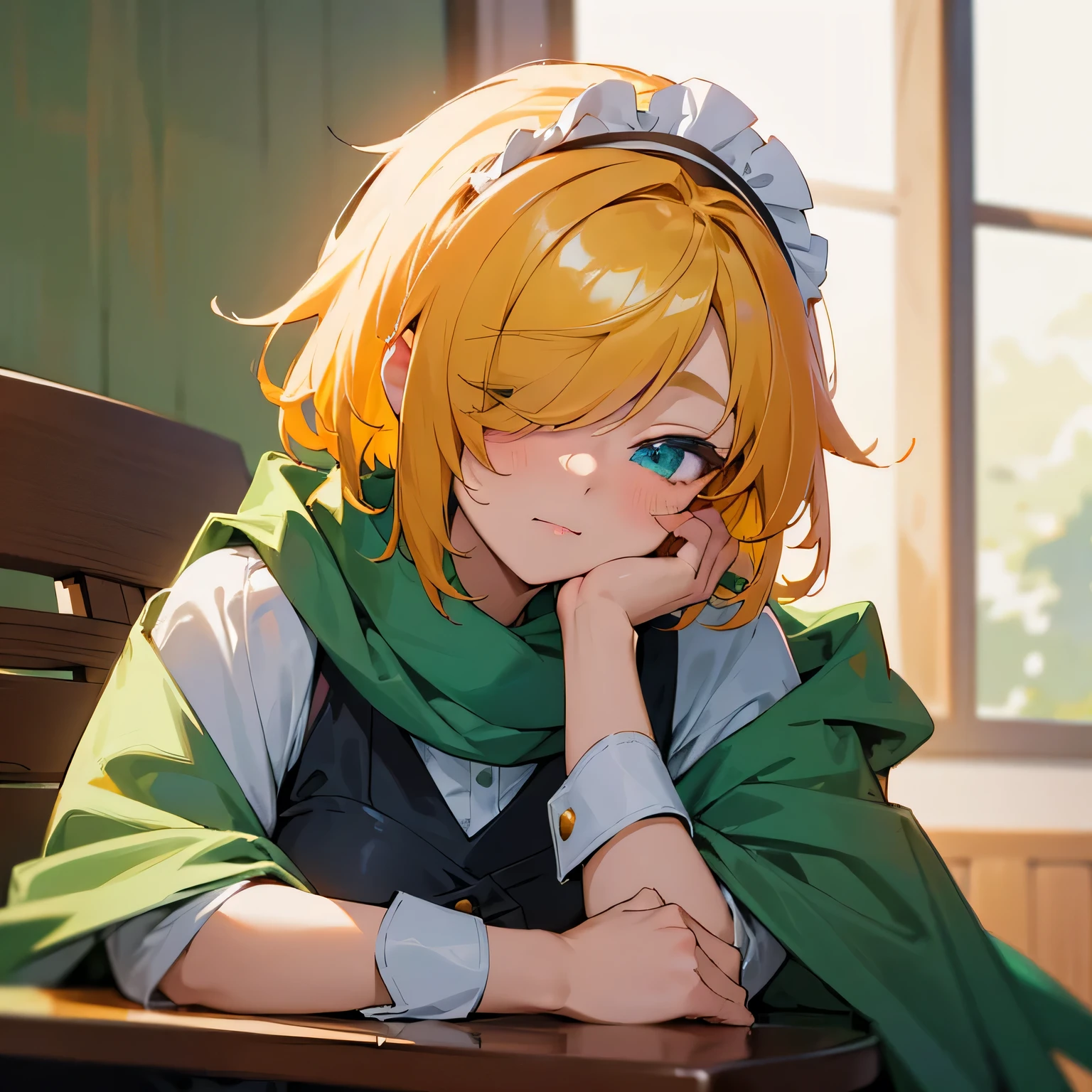 Anime girl sitting at table with cake, Anime visuals of cute girls, Cute anime girl, mysterious coffee shop girl, Cute Anime, Cute:2, cozy cafe background, anime style 4 k, kawaii realistic portrait, cute anime style, sitting in a cafe, young anime girl, Laid back girl, 1girl, future princess guardian tales, yellow hair, short hair, hair band, bangs, hair over one eye, one eye covered, detailed beautiful eyes, blue eyes, Absurd, High resolution, Green scarf, maid apron 