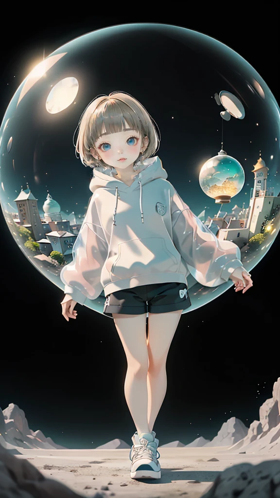 posing in a dynamic pose、袖はSee-throughです、delicate、detailed、high quality、high resolution、４K、high quality、Short Mash Hair、Short Hair、Blonde Hair Color、Turquoise Eyes、White hoodie、Black hot pants、Black sneakers、 high quality、超detailedな、(1 girl in:1.3)、internal、girl，Chairman Type，small, Inflated， See-through, Complex architecture、Lush garden、Designing Peace and Spirituality。Designed with a fisheye effect image that captures a wide field of view with a unique curved viewing angle。Panoramic cityscape、Dramatic Skyline、breather、A sophisticated space with a rooftop view
