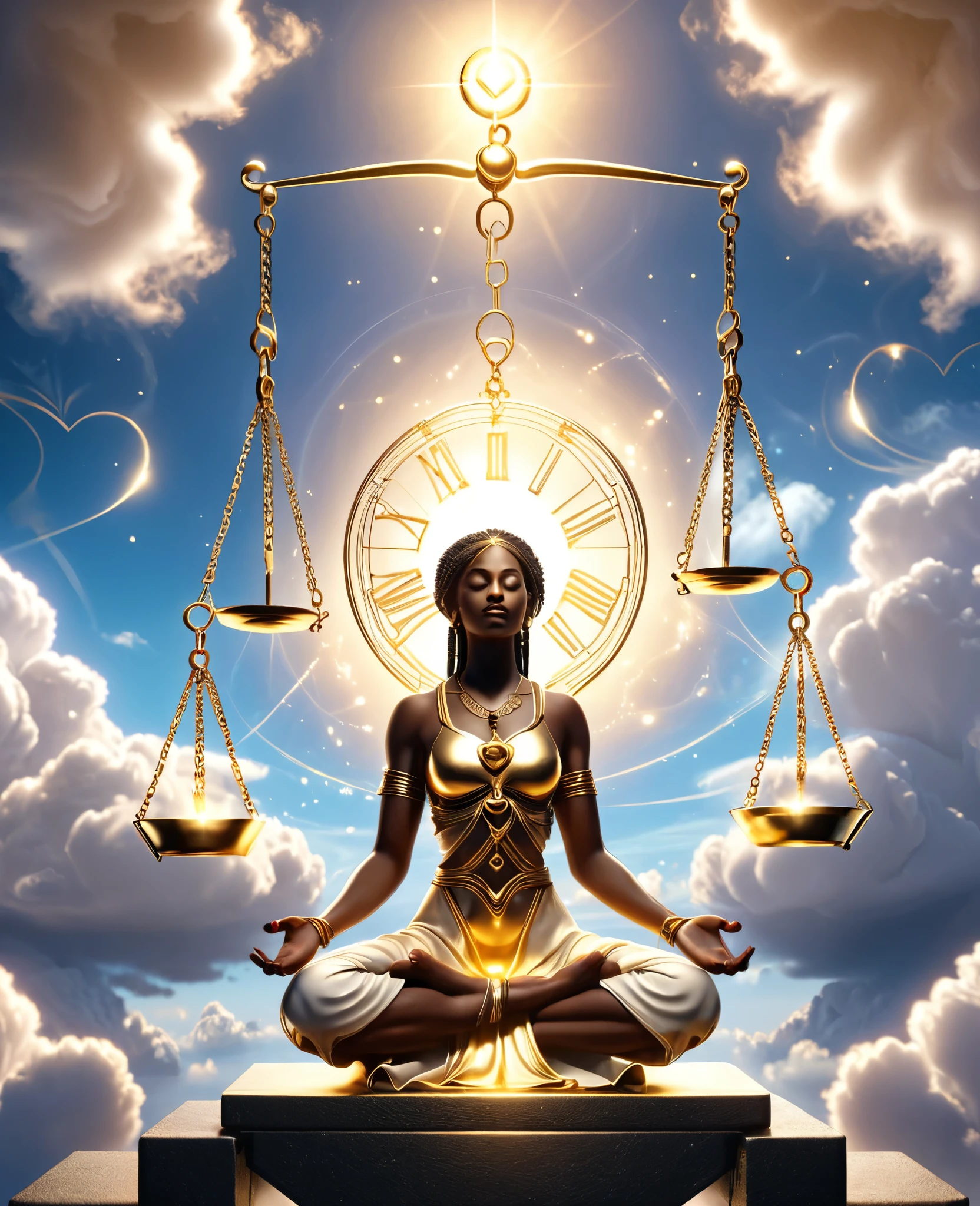 A glowing golden libra scale suspended in the sky among the clouds, with a black woman sitting in a meditation pose on the left scale of the libra scale and a mechanical heart sitting on the right scale of the libra scale, the weights imbalanced, a beautiful sunlight shining in the background providing a cinematic look, 32k, ultra HD. 