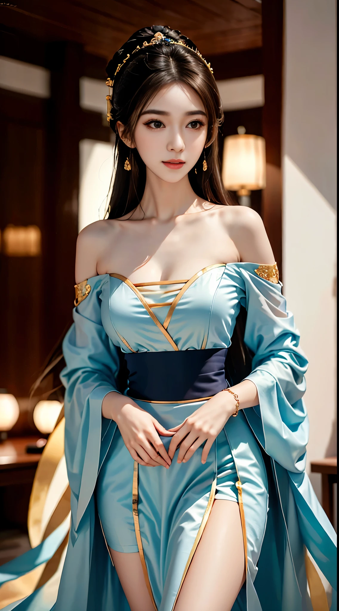 gufeng,bare shoulders, ((whole body)), ((from below)), ((gufeng,bare shoulders)), clear face, pretty face, 8K, masterpiece, original photo, best quality, detail:1.2,lifelike, detail, Very detailed, CG, Unite, wallpaper, depth of field, movie light, lens flare, Ray tracing, (extremely beautiful face, beautiful lips, beautiful eyes), complex, detail face, ((ultra detailed skin)), 1 girl, in the darkness, deep shadow, beautiful korean girl, kpop idol,(Very slim figure:1.3), plump breasts, Slender sexy legs, elegant posture, (bright smile), (City night, (neon lights), (night), beautiful korean girl, white diamond earrings, diameter bracelet, Dia Necklace, clear eyes, facing forward, (big eyes)
