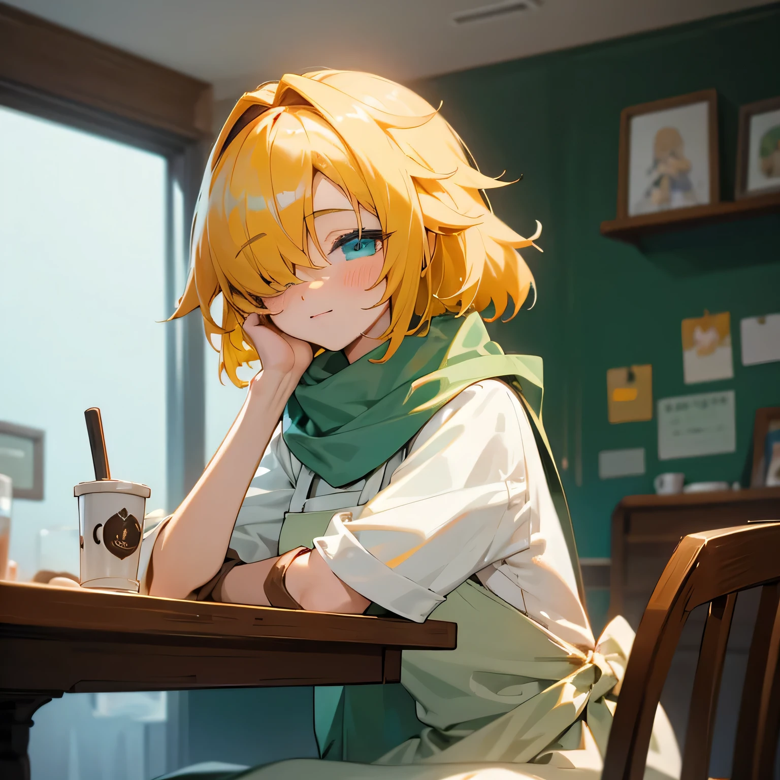 Anime girl sitting at table with cake, Anime visuals of cute girls, Cute anime girl, mysterious coffee shop girl, Cute Anime, Cute:2, cozy cafe background, anime style 4 k, kawaii realistic portrait, cute anime style, sitting in a cafe, young anime girl, Laid back girl, 1girl, future princess guardian tales, yellow hair, short hair, hair band, bangs, hair over one eye, one eye covered, detailed beautiful eyes, blue eyes, Absurd, High resolution, Green scarf, white apron 