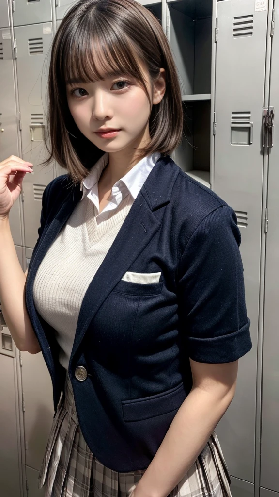 masterpiece, best quality, illustration, Super detailed, fine details, High resolution, 8K,wall paper, perfect dynamic composition,(Details High quality, realistic depiction of eyes:1.3), upper body, locker room、High school girl uniform、blazer 、Super Short Check Uniform Skirt、Colossal tits、Disturbed uniform, short bob hair, black hair color, huge breasts, Big Natural Color Lip, bold sexy pose, (perfect body shape), crying a little、Harajuku style、20 year old girl
