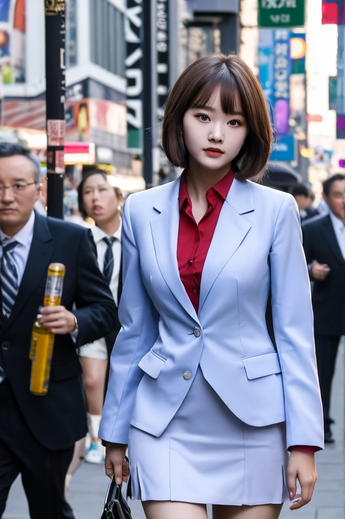 a 18 year old face of the most beautiful actress in the world, the perfect body proportions of a female, blazer is worn with formal shirt on female upper body, shirt skirt is worn with panties on female lower body, panties between bare legs under short skirt are seen just a little, the short hair cut of a female is just like male one, standing, at the city street, nsfw, best quality, highly detailed, masterpiece, ultra high res, photo realistic, 8k