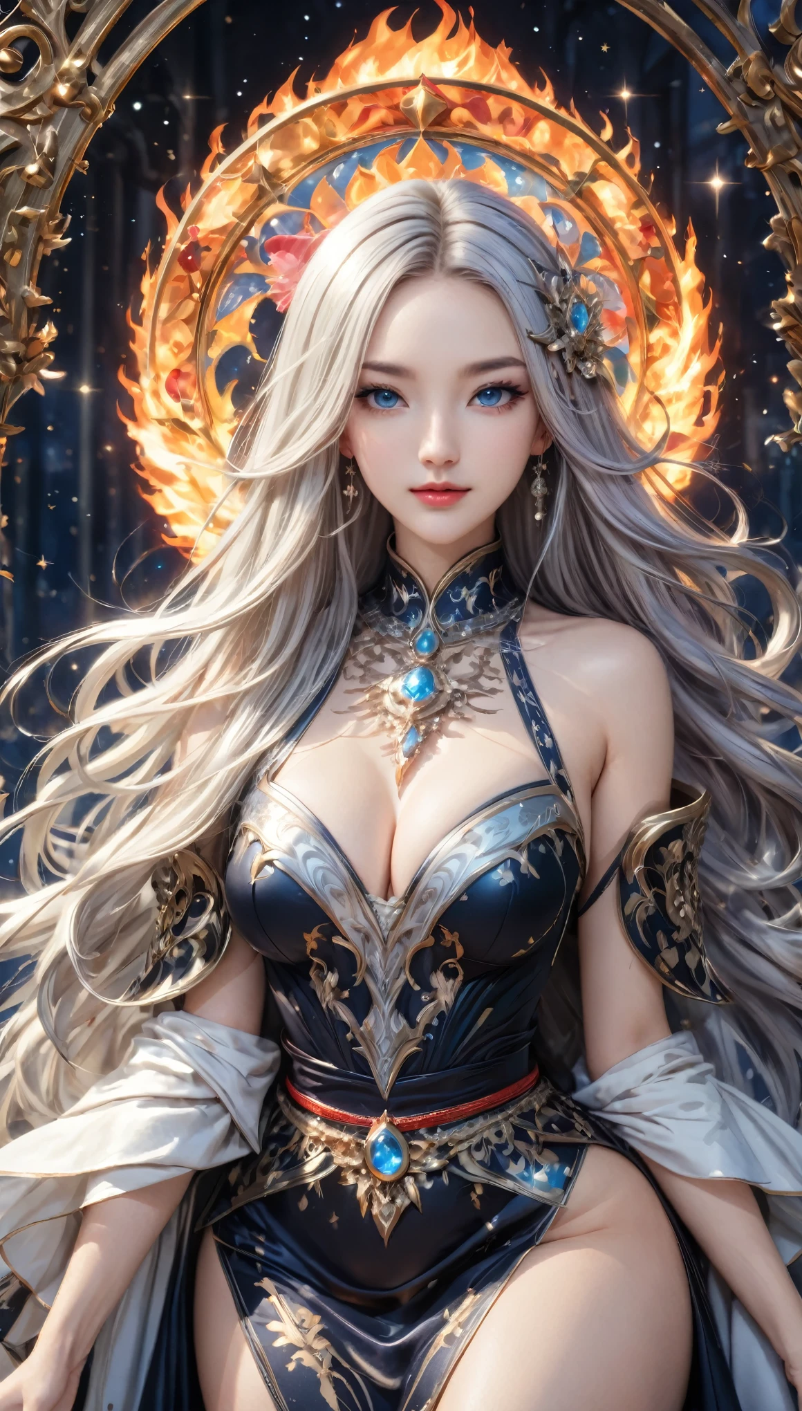 8K resolution, masterpiece, Highest quality, Award-winning works, unrealistic, From above, erotic, sole sexy lady, healthy shaped body, 22 years old, black mage, 165cm tall, huge firm bouncing busts,, white silver long wavy hair, Detailed facial depictions, Break, Mysterious blue eyes, Standard nose, Eyeliner, pink lips, sexy long legs, Clear skin, holy knight, Gothic ruffle long dress, A dress with a complex structure, Seven-colored colorful dress, Clothed in flames, royal coat of arms, elegant, Very detailed, Delicate depiction of hair, miniature painting, Digital Painting, artステーションコンセプトart, Smooth, Sharp focus, shape, artジャム、Greg Rutkowski、Alphonse Mucha、William Adolphe Bouguereau、art：Stephanie Law , Royal Jewel, nature, Symmetric, Greg Rutkowski, Charlie Bowwater, Unreal, Surreal, Dynamic Lighting, ファンタジーart, Complex colors, Colorful magic circle, flash, dynamic sexy poses, A kind smile, Mysterious Background, Aura, A gentle gaze, BREAK, Small faint lights and flying fireflies, night, lanthanum, 山の頂From above下界を見下ろす, Starry Sky, milky way, nebula, shooting star