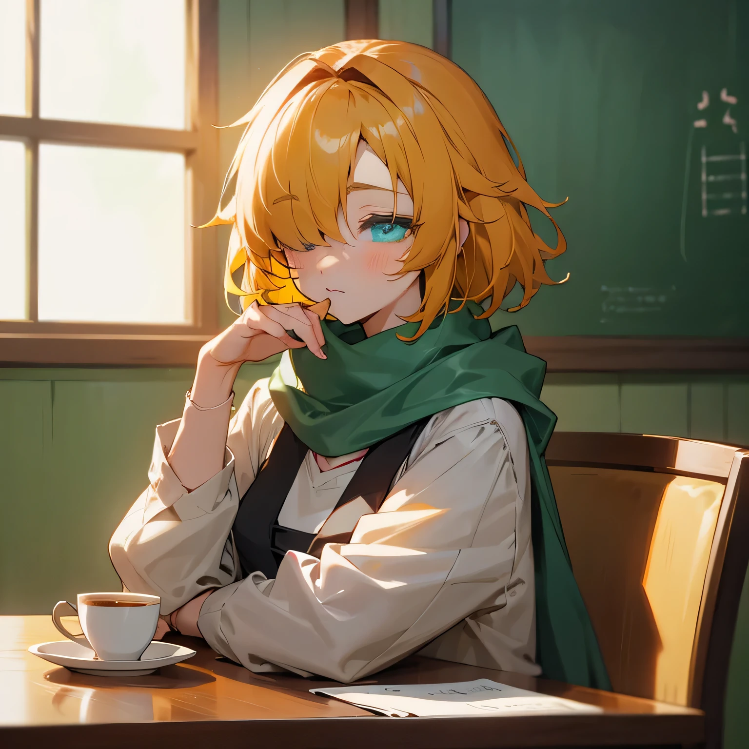 Anime girl sitting at table with cake, Anime visuals of cute girls, Cute anime girl, mysterious coffee shop girl, Cute Anime, Cute:2, cozy cafe background, anime style 4 k, kawaii realistic portrait, cute anime style, sitting in a cafe, young anime girl, Laid back girl, 1girl, future princess guardian tales, yellow hair, short hair, hair band, bangs, hair over one eye, one eye covered, detailed beautiful eyes, blue eyes, Absurd, High resolution, Green scarf, casual clothes