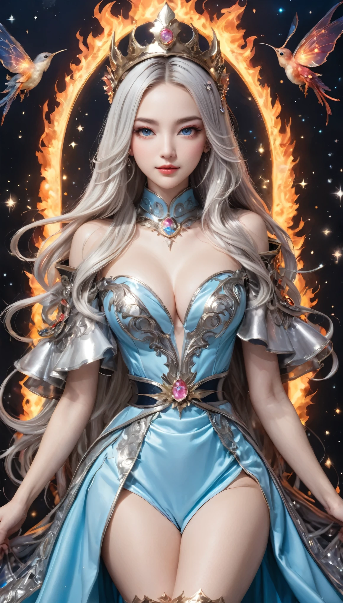 8K resolution, masterpiece, Highest quality, Award-winning works, unrealistic, From above, erotic, sole sexy lady, healthy shaped body, 22 years old, black mage, 165cm tall, huge firm bouncing busts,, white silver long wavy hair, Detailed facial depictions, Break, Mysterious blue eyes, Standard nose, Eyeliner, pink lips, sexy long legs, Clear skin, holy knight, Gothic ruffle long dress, A dress with a complex structure, Seven-colored colorful dress, Clothed in flames, royal coat of arms, elegant, Very detailed, Delicate depiction of hair, miniature painting, Digital Painting, artステーション, コンセプトart, Smooth, Sharp focus, shape, artジャム、Greg Rutkowski、Alphonse Mucha、William Adolphe Bouguereau、art：Stephanie Law , Royal Jewel, nature, Symmetric, Greg Rutkowski, Charlie Bowwater, Unreal, Surreal, Dynamic Lighting, ファンタジーart, Complex colors, Colorful magic circle, flash, dynamic sexy poses, A kind smile, Mysterious Background, Aura, A gentle gaze, BREAK, Small faint lights and flying fireflies, night, lanthanum, 山の頂From above下界を見下ろす, Starry Sky, milky way, nebula, shooting star