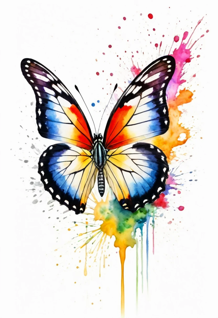 watercolor paint of a butterfly details of colors watercolor splash behind ,white background