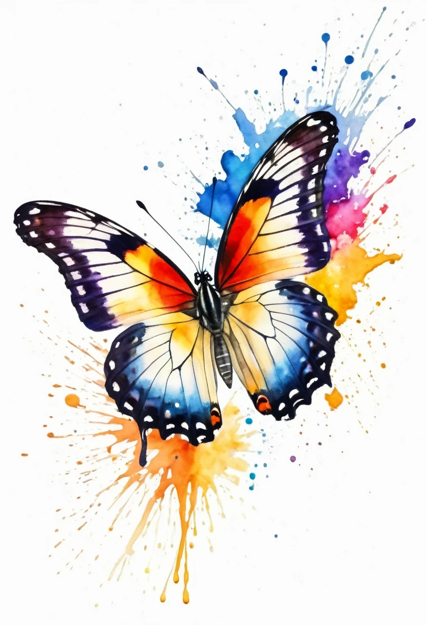 watercolor paint of a butterfly details of colors watercolor splash behind ,white background