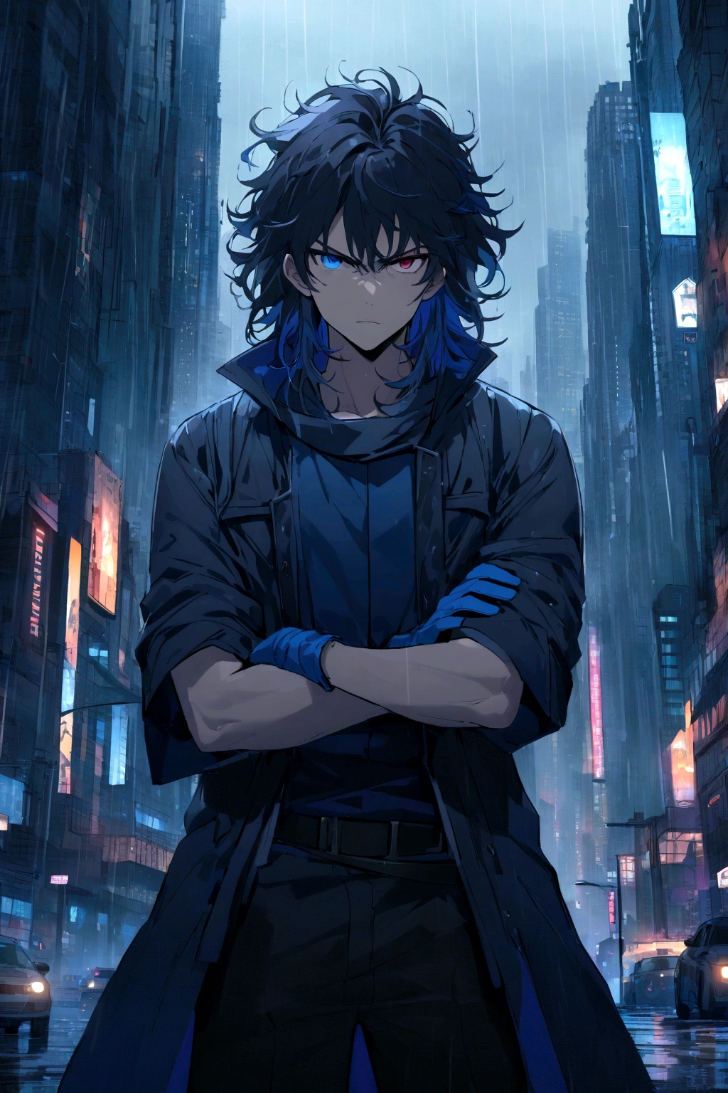 boy, Messy hair, Medium length hair, black hair with blue highlights, dark brown and blue eyes heterochromia, serious face, dark blue shirt, baggy black short-sleeved overcoat, multicolored black and blue gloves, crossed arms, scenery in a rainy city with skyscrapers
