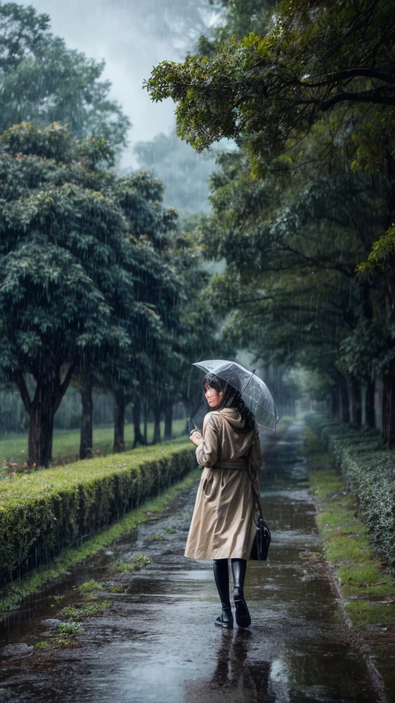 1girl walking in the rain with an umbrella, beautiful detailed eyes, beautiful detailed lips, extremely detailed face, long eyelashes, playful mood, rainy day, puddles, frogs, snails, lush green nature, (best quality,4k,8k,highres,masterpiece:1.2),ultra-detailed,(realistic,photorealistic,photo-realistic:1.37),vivid colors,cinematic lighting,atmospheric,beautiful landscape,whimsical,storybook style