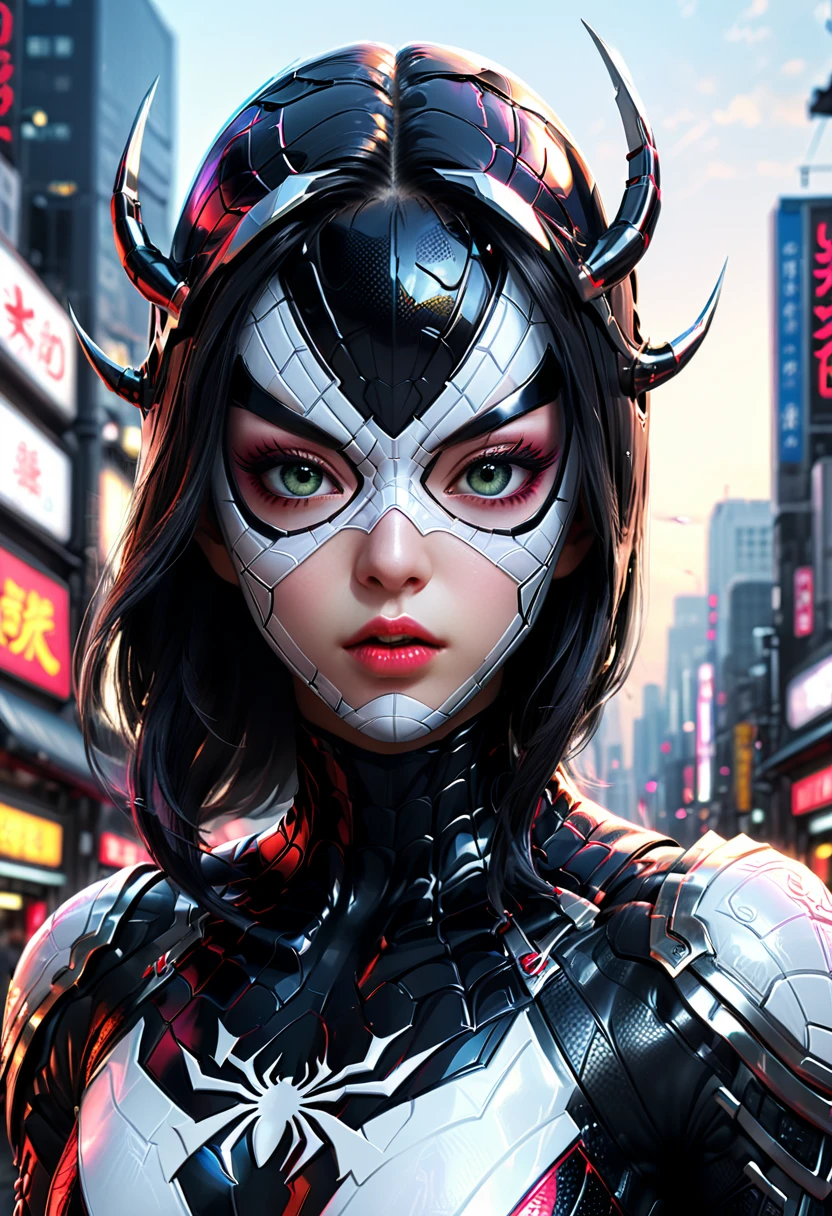 black and white samurai Spider man, 1girl, extremely detailed eyes and face, beautiful detailed lips, long eyelashes, spider web, futuristic Tokyo city, samurai sci-fi armor, sci-fi style, neon colors, cyborg, katana, Japanese, (best quality,4k,8k,highres,masterpiece:1.2), ultra-detailed, (realistic, photorealistic, photo-realistic:1.37), cinematic lighting, dramatic atmosphere, full body