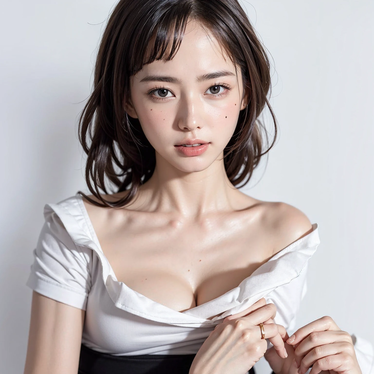 SeaArt Variant 13:44:05 ((masterpiece, best quality, HD)), 1 girl, (Reality: 1.4), Solitary, White background, Pure White background, mouth close, a happy expression, a happy expression, Beautiful black hair, short hair, big eyes, Clear double eyelids, eyelash, Ears sticking out, Long Neck, Absolute area, skirt, ((Close-up of face) ), (Draw the entire head, Shoulder), 19 years old, attractive proportions, Glowing skin, Cleaning the collarbone, Golden ratio face shape, Perfect face, Tear mole, Mole on chest, Bangs, clean Bangs, Lip Gloss, Thin lips, White skin, naked, Large Breasts