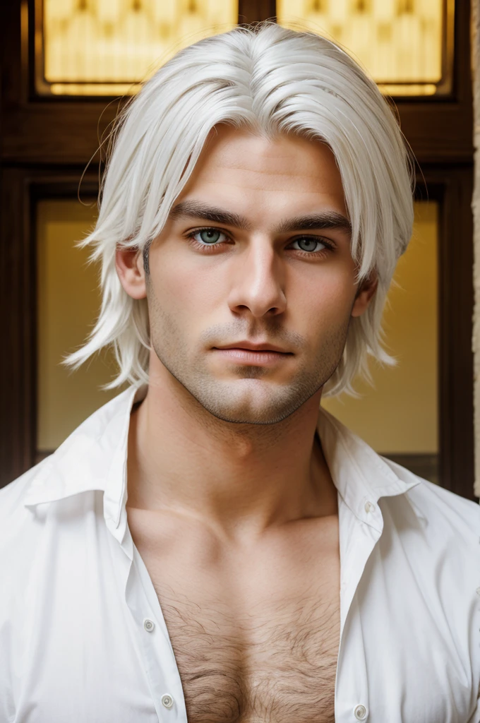 A young, white haired, beardless man with yellow eyes focusing at you