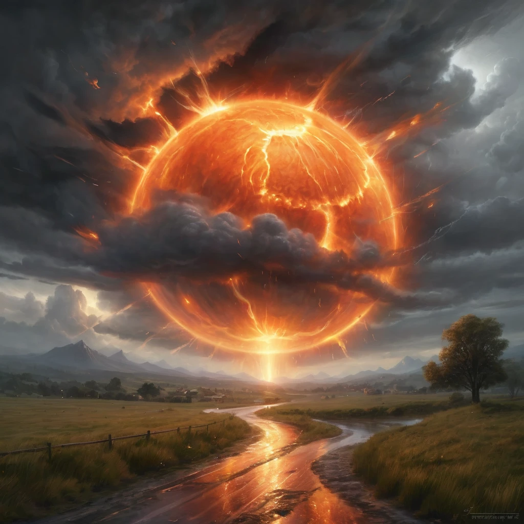 A hyper-realistic depiction of the fiery sphere in the sky and landscape, with meticulous attention to detail and lifelike textures. The fiery rain appears almost photographic.