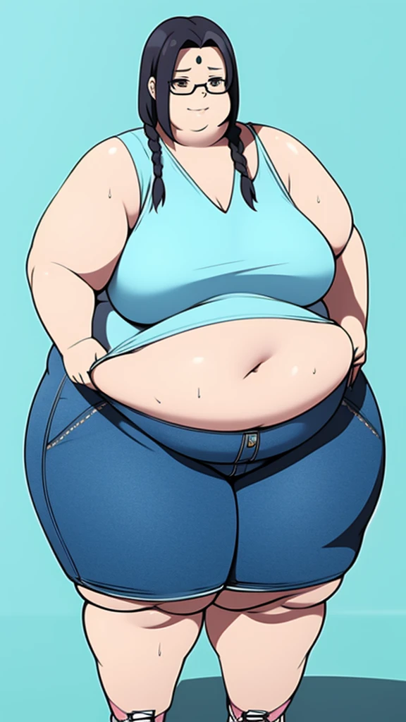 Anime Women, Lady、Detailed face、Forehead、Black Hair、Long hair down to the waist、Center-parted bangs、Braid、Glasses、Hanging eyes、Brown eyes、Are fat、Chubby、Voluptuous、obesity、Double chin、Cheek、Fat-covered neck、Big Breasts、Saggy breasts、Thick upper arms、thick fingers、Fat Belly、Sagging belly、Thick legs、Fat all over the body、tall、Denim jumpsuit、Work clothes、sneakers、Sweaty、shame、