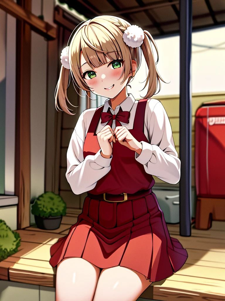 masterpiece, Highest quality, High resolution, ui3, (Chibi/Lori)One girl, alone, Green Eyes, Pom-pom \(Clothes\), Apron dress, White shirt, White socks,Jumper skirt、 Long sleeve, Dilapidated, short hair, belt, Red bow tie, bangs, 青いClothes, Collared shirt, Cowboy Shot、orgasm,blush、Put a condom in your mouth、 Sweat,White panties、Pull up your skirt with your hands、Sit on the outdoor air conditioning unit、A defiant smile