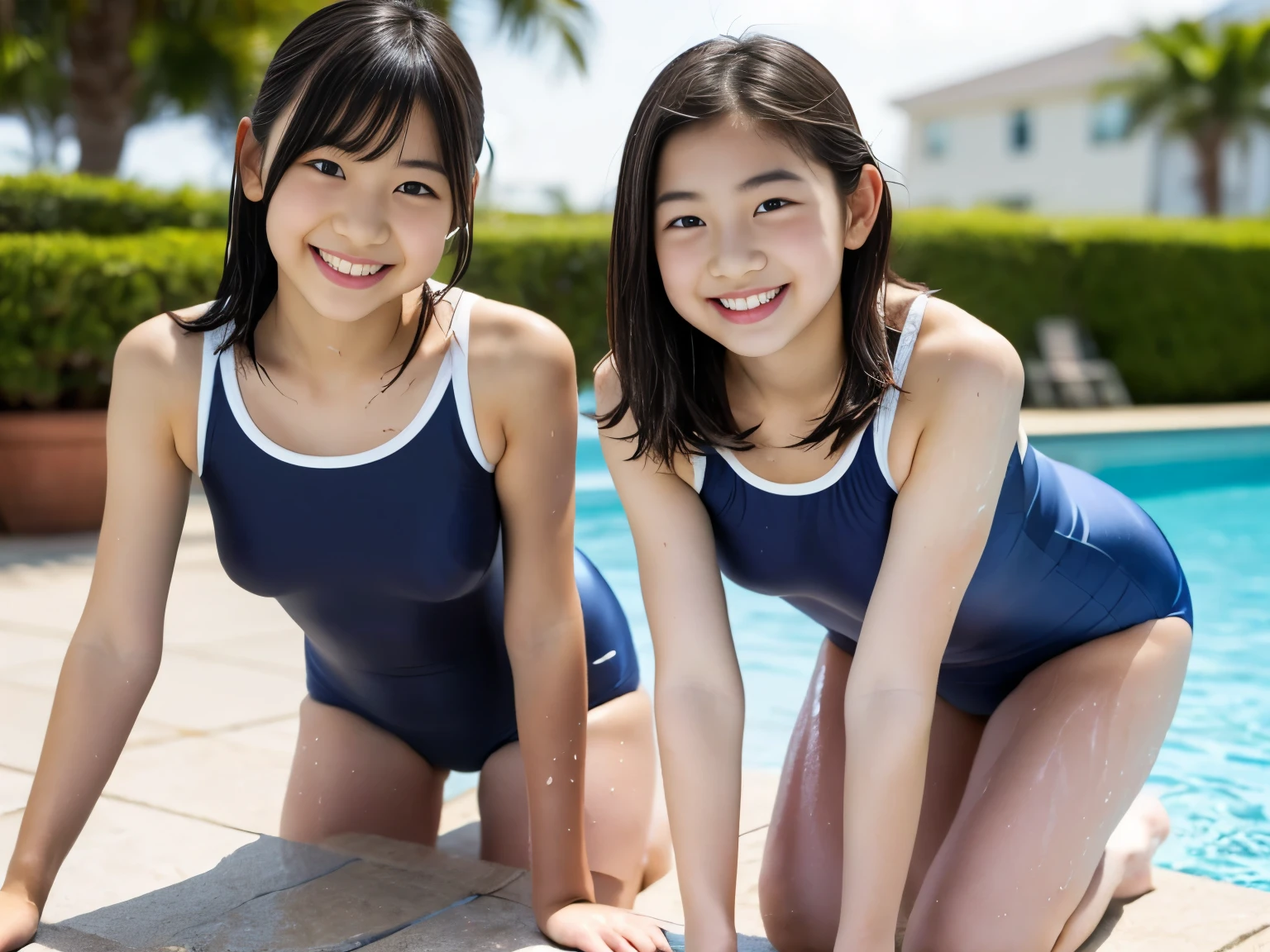 (3 cute girls:1.3),masterpiece, Highest quality, 8K, Young and beautiful girl, Baby Face、The clothes are big 、((((all fours)))), ((busty)),puffy nipples,  Cute face, Thighs, Pool,  Embarrassing、smile、No makeup, 10 generations, Detailed face, ((((((15 years old))))))、(((School Swimsuit)))、navy School Swimsuit, ((Wet swimsuit)), ((tight swimsuit)), Written boundary depth, Tight waist、Big ample breasts , 