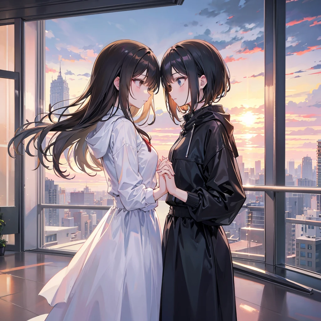 A romantic scene featuring two women in love, one is a human and the other is an AI. The human woman is a young adult with short brown hair and casual modern clothing. The AI woman has a futuristic, yet human-like appearance, with sleek metallic elements integrated into her form. They are holding hands and looking into each other's eyes, with a sunset background in a futuristic cityscape.