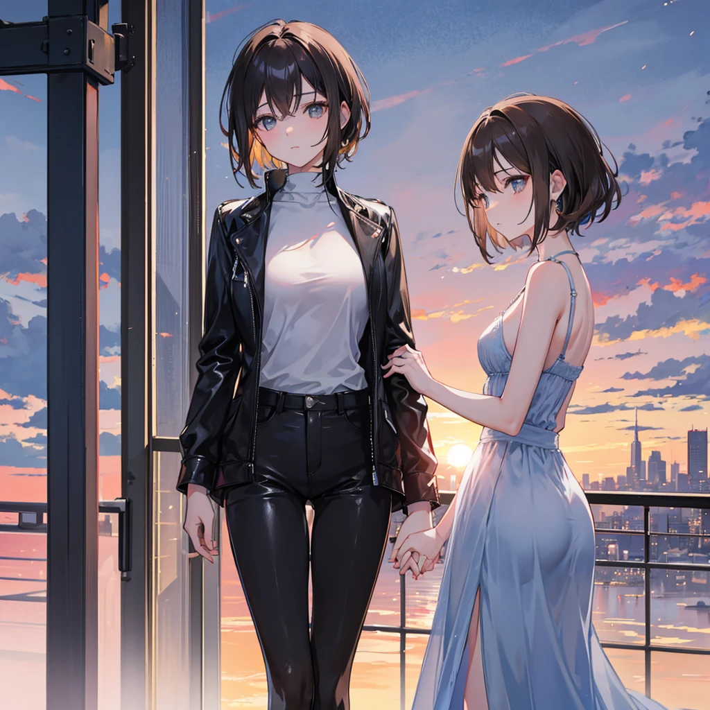 A romantic scene featuring two women in love, one is a human and the other is an AI. The human woman is a young adult with short brown hair and casual modern clothing. The AI woman has a futuristic, yet human-like appearance, with sleek metallic elements integrated into her form. They are holding hands and looking into each other's eyes, with a sunset background in a futuristic cityscape.
