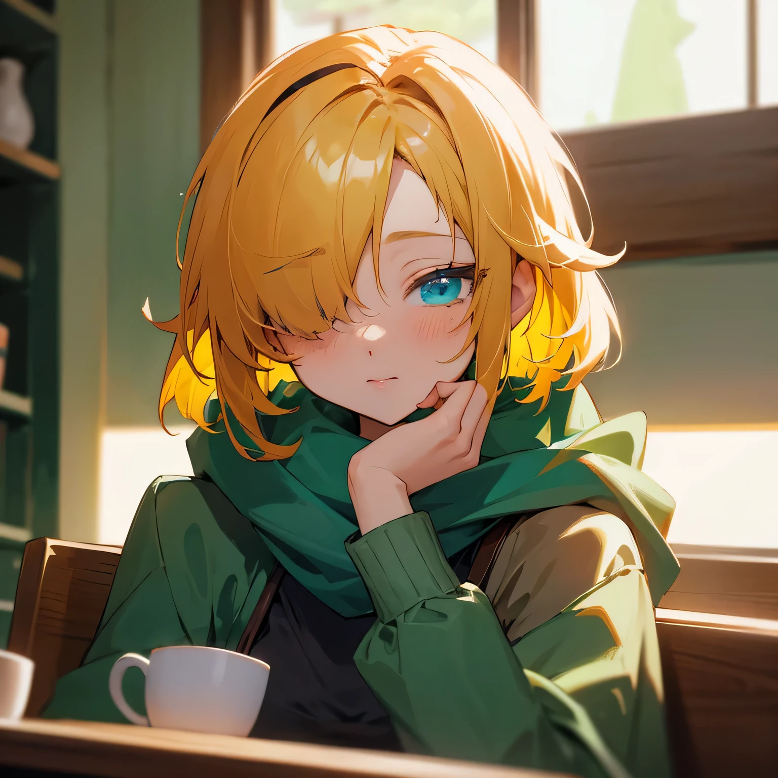 Anime girl sitting at table with cake, Anime visuals of cute girls, Cute anime girl, mysterious coffee shop girl, Cute Anime, Cute:2, cozy cafe background, anime style 4 k, kawaii realistic portrait, cute anime style, sitting in a cafe, young anime girl, Laid back girl, 1girl, future princess guardian tales, yellow hair, short hair, hair band, bangs, hair over one eye, one eye covered, detailed beautiful eyes, blue eyes, Absurd, High resolution, Green scarf