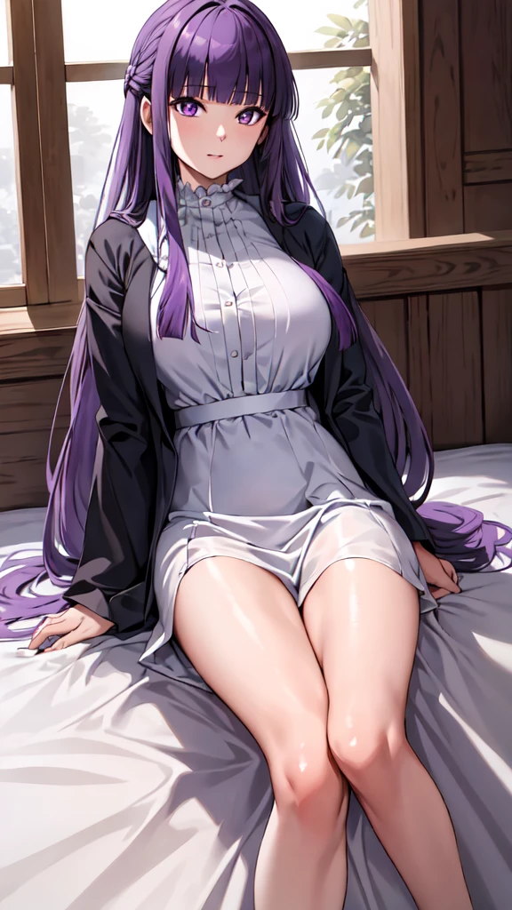 masterpiece, Highest quality, High resolution, Arfern, Long Hair, Purple Hair, Blunt bangs, Purple eyes, Large Breasts, Long dress, White Dress, Black Robe, Long sleeve, Sitting, Bedroom, Cowboy Shot,