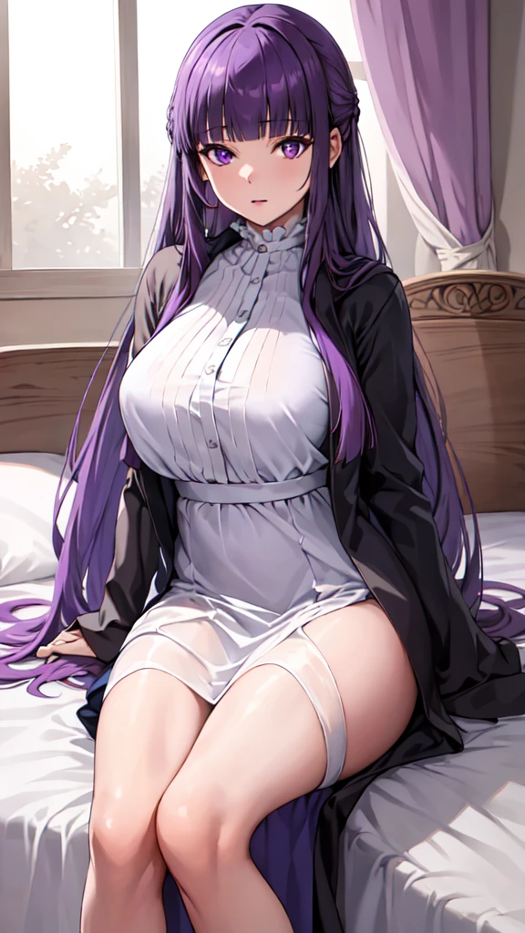 masterpiece, Highest quality, High resolution, Arfern, Long Hair, Purple Hair, Blunt bangs, Purple eyes, Large Breasts, Long dress, White Dress, Black Robe, Long sleeve, Sitting, Bedroom, Cowboy Shot,