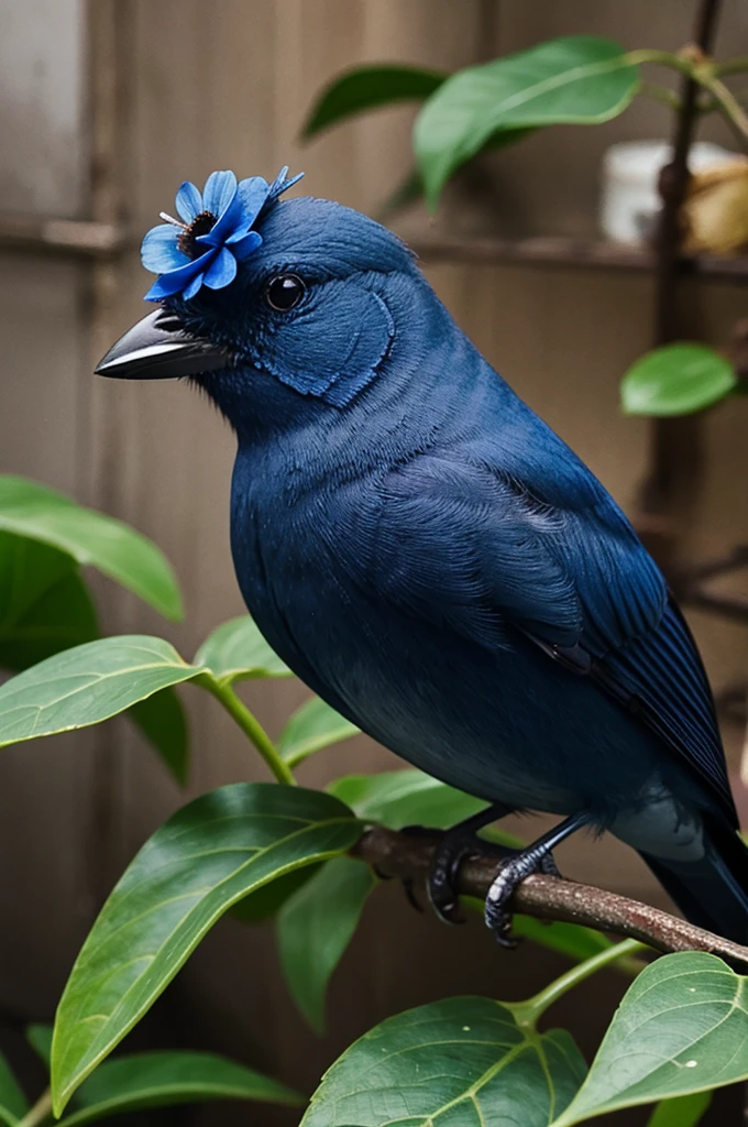 Dark blue flower on little bird eat.