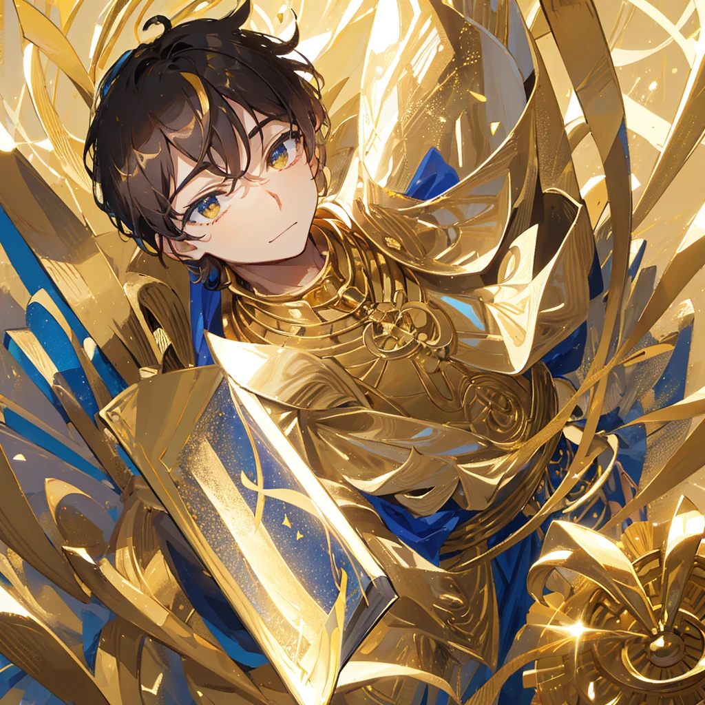 A male god,short hair,Gold and white shades,Holding the golden sacred book,((Pure yellow background))