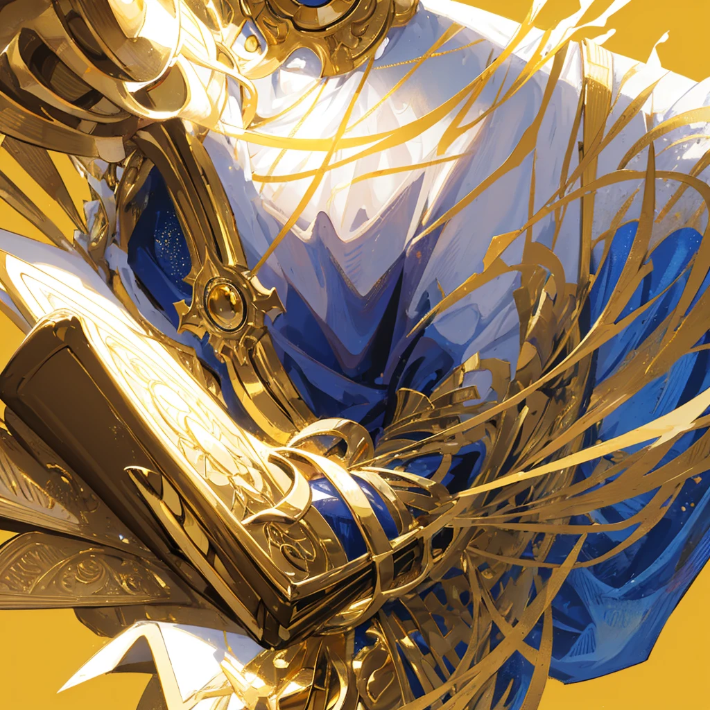 A male god,short hair,Gold and white shades,Holding the golden sacred book,((Pure yellow background))