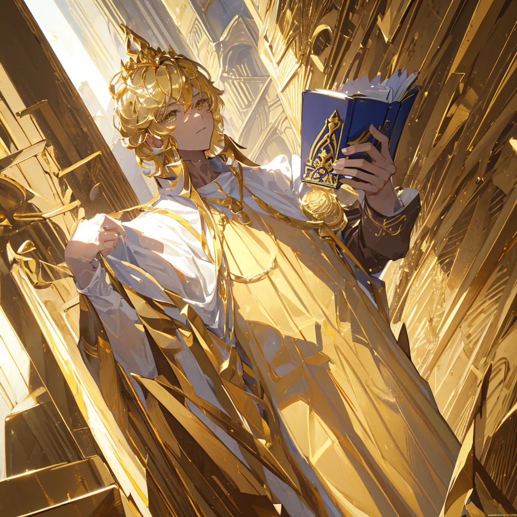 A male god,short hair,Gold and white shades,Holding the golden sacred book,((Pure yellow background))