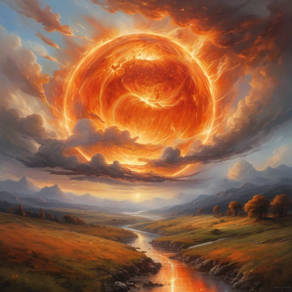 A dramatic, emotional depiction of the fiery sphere in the sky and landscape, with emphasis on the sublime and awe-inspiring aspects of nature.