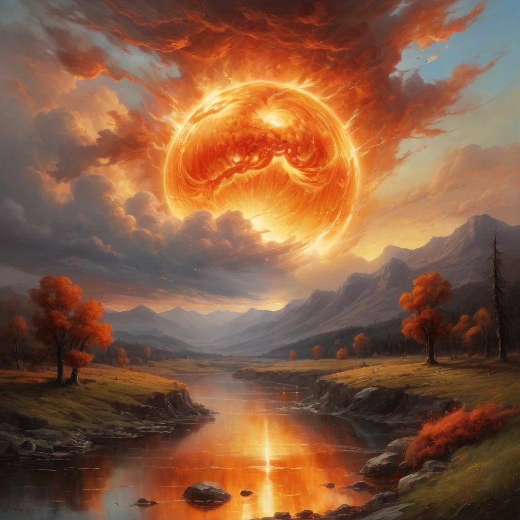 A dramatic, emotional depiction of the fiery sphere in the sky and landscape, with emphasis on the sublime and awe-inspiring aspects of nature.