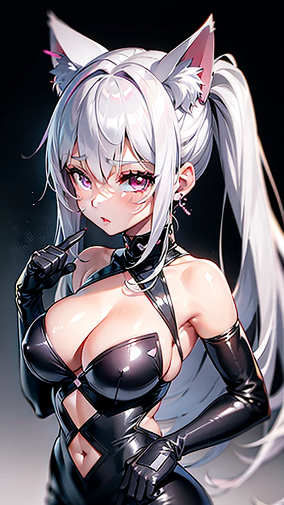 Silver hair, pink eyes, body, cat ears, sexy girl, earrings