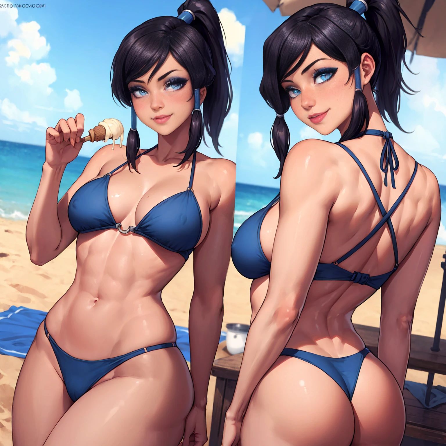 Korra, ((short black hair, ponytail, hair tubes, glowing blue eyes, makeup, narrow waist, skinny, medium breasts, dark skin, dark_skinned female)), pelvic curtain, ((blue bikini)), full body, perfect body, (insanely detailed, beautiful detailed face, masterpiece, best quality) , (((solo))), (((1girl))), (((mature))), (extremely detailed 8k paper CG wall unit: 1.1), (beach, sunnyday, sand), (smile face for the viewer), eropose, underbutt, behind, from back, holding ice cream,