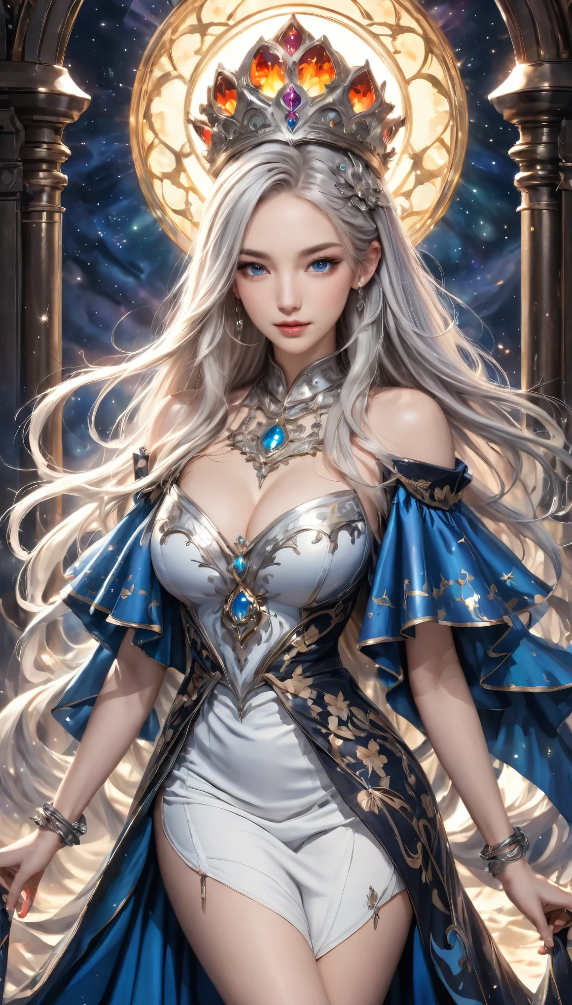 8K resolution, masterpiece, Highest quality, Award-winning works, unrealistic, From above, erotic, sole sexy lady, healthy shaped body, 22 years old, black mage, 165cm tall, huge firm bouncing busts,, white silver long wavy hair, Detailed facial depictions, Break, Mysterious blue eyes, Standard nose, Eyeliner, pink lips, sexy long legs, Clear skin, holy knight, Gothic ruffle long dress, A dress with a complex structure, Seven-colored colorful dress, Clothed in flames, royal coat of arms, elegant, Very detailed, Delicate depiction of hair, miniature painting, Digital Painting, artステーションコンセプトart, Smooth, Sharp focus, shape, artジャム、Greg Rutkowski、Alphonse Mucha、William Adolphe Bouguereau、art：Stephanie Law , Royal Jewel, nature, Symmetric, Greg Rutkowski, Charlie Bowwater, Unreal, Surreal, Dynamic Lighting, ファンタジーart, Complex colors, Colorful magic circle, flash, dynamic sexy poses, A kind smile, Mysterious Background, Aura, A gentle gaze, BREAK, Small faint lights and flying fireflies, night, lanthanum, 山の頂From above下界を見下ろす, Starry Sky, milky way, nebula, shooting star