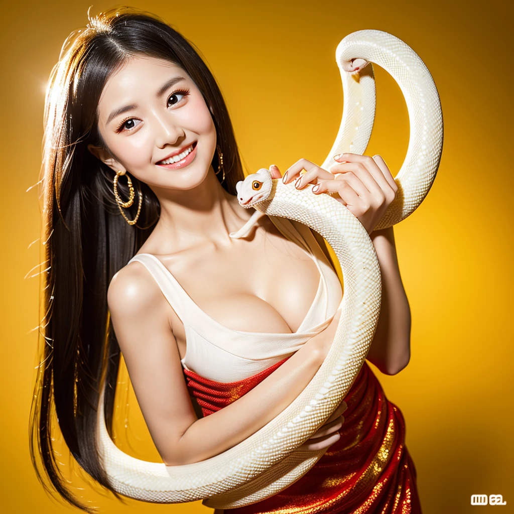  Looking straight ahead and smiling, Holding a large white snake in both hands, Gold Background, Ultra HD、64ｋ、Masterpiece、One Girl、Japanese Model,  clavicle, RAW Photo、Big-eyed girl in a red dress、Long face, Professional Lighting、