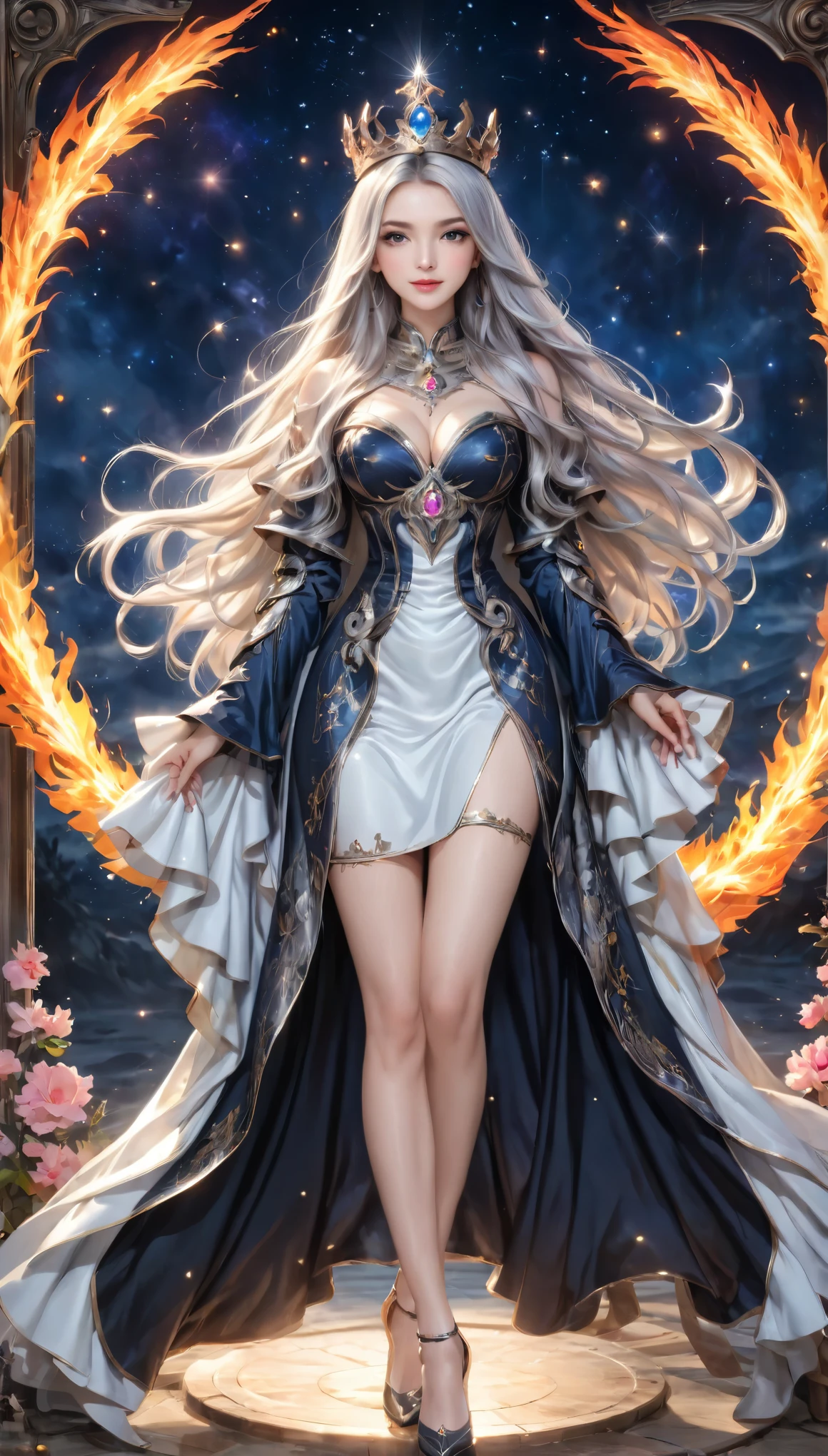 8K resolution, masterpiece, Highest quality, Award-winning works, unrealistic, From above, erotic, sole sexy lady, healthy shaped body, 22 years old, black mage, 165cm tall, huge firm bouncing busts,, white silver long wavy hair, Detailed facial depictions, Break, Mysterious blue eyes, Standard nose, Eyeliner, pink lips, sexy long legs, Clear skin, holy knight, Gothic ruffle long dress, A dress with a complex structure, Seven-colored colorful dress, Clothed in flames, royal coat of arms, elegant, Very detailed, Delicate depiction of hair, miniature painting, Digital Painting, artステーション, コンセプトart, Smooth, Sharp focus, shape, artジャム、Greg Rutkowski、Alphonse Mucha、William Adolphe Bouguereau、art：Stephanie Law , Royal Jewel, nature, Symmetric, Greg Rutkowski, Charlie Bowwater, Unreal, Surreal, Dynamic Lighting, ファンタジーart, Complex colors, Colorful magic circle, flash, dynamic sexy poses, A kind smile, Mysterious Background, Aura, A gentle gaze, BREAK, Small faint lights and flying fireflies, night, lanthanum, 山の頂From above下界を見下ろす, Starry Sky, milky way, nebula, shooting star