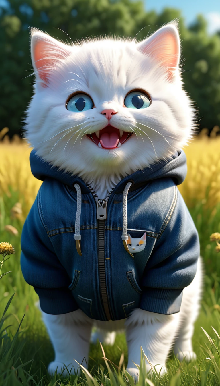 top quality, detailed, hyper detailed, beautiful, 8k, grassland, kitten, happy, smiling, standing, looking to the right, white hair, blue eyes, chubby, plump, hoodie, jeans, 3 year old, in the grass, in the afternoon, fantasy, photorealistic, hyperrealistic photo, 3d rendering, anthropomorphic, 3:1 full body shot, right side, wide field of view, rule of thirds, midday, glowing light, dramatic lighting, volumetric lighting, depth of field, dramatic contrast, dark goldenrod