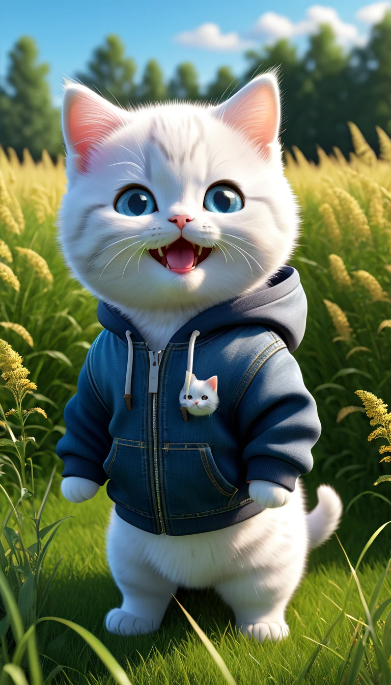 top quality, detailed, hyper detailed, beautiful, 8k, grassland, kitten, happy, smiling, standing, looking to the right, white hair, blue eyes, chubby, plump, hoodie, jeans, 3 year old, in the grass, in the afternoon, fantasy, photorealistic, hyperrealistic photo, 3d rendering, anthropomorphic, 3:1 full body shot, right side, wide field of view, rule of thirds, midday, glowing light, dramatic lighting, volumetric lighting, depth of field, dramatic contrast, dark goldenrod