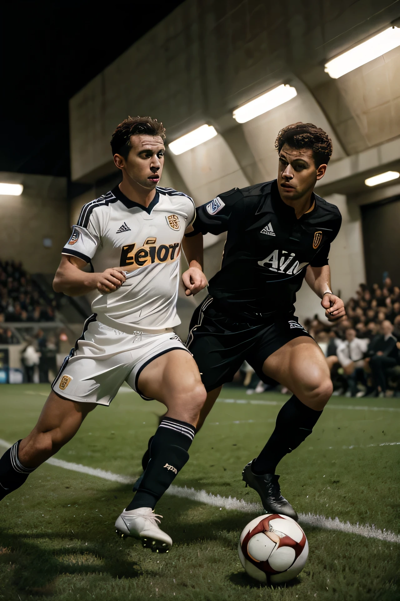Masterpiece, Best Quality, cinematic photo of Masterpiece, Best Quality, Cinematographic photo of two 30-year-old men, soccer idols., heading the ball, ears, action pose, medium tone fucia uniform, black socks, Photography, Movie, high resolution, Photography, Movie, high resolution, hyper realistic