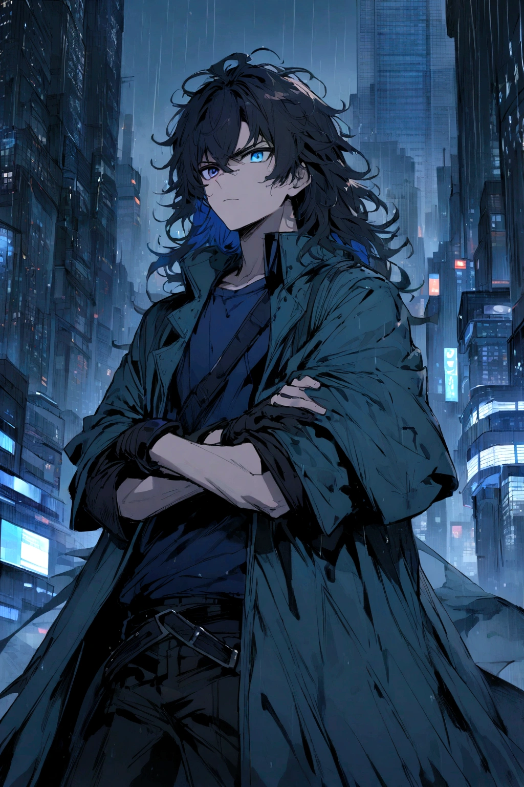 Teenage boy, Messy hair, Medium length hair, black hair with blue highlights, dark brown and blue eyes heterochromia, serious face, dark blue shirt, baggy black short-sleeved overcoat, black gloves, crossed arms, scenery in a rainy city with skyscrapers
