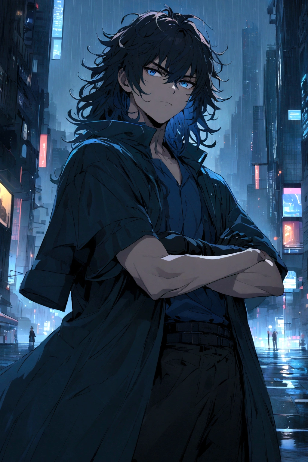 age boy, Messy hair, Medium length hair, black hair with blue highlights, dark brown and blue eyes heterochromia, serious face, dark blue shirt, baggy black short-sleeved overcoat, black gloves, crossed arms, scenery in a rainy city with skyscrapers