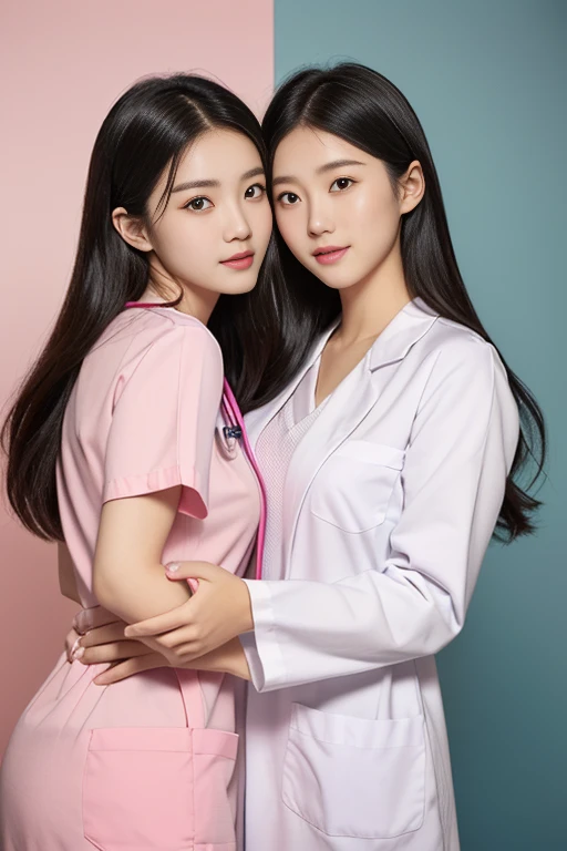 (heart hands duo), 2girls, Beautiful Japanese female doctor wearing white labcoat over teal scrubs with cute Japanese female nurse wearing pink nurse dress , beautiful detailed face, pale skin, realistic skin, detailed cloth texture, detailed hair texture, Perfect proportion, Beautiful Face, accurate, Anatomically correct, Highly detailed face and skin texture , looking at viewer