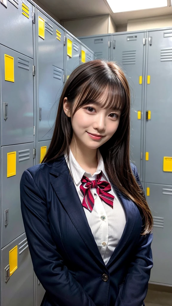 masterpiece, best quality, illustration, Super detailed, fine details, High resolution, 8K,wall paper, perfect dynamic composition,(Details High quality, realistic depiction of eyes:1.3), Upper body, front view, locker room、Leaning against a locker, Raise your arms above your head., High school girl uniform、blazer 、Colossal tits、Disturbed uniform,  straight hair, black hair color, huge breasts, Big Natural Color Lip, crying a little、Harajuku style、20 year old girl, little smile