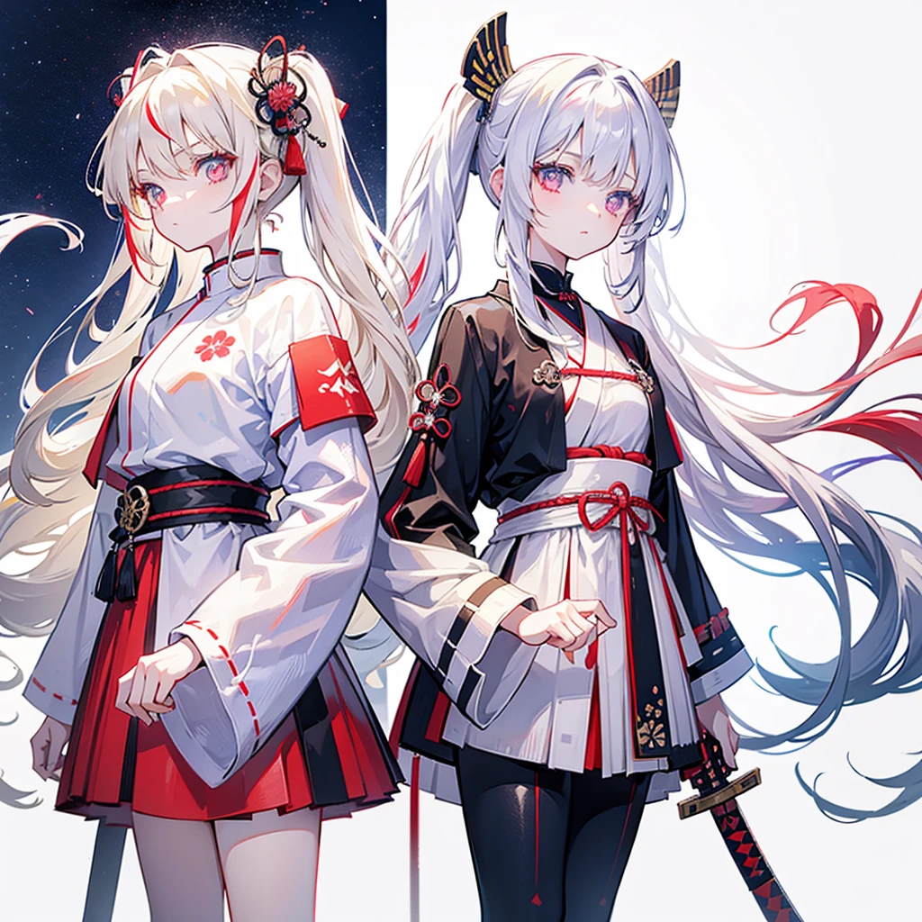 Two girls, one with beige hair and very red eyes, the other with white hair and blue eyes, twin tails, long hair, white background, colorful jewels, light, high quality, standing back to back, holding a samurai sword