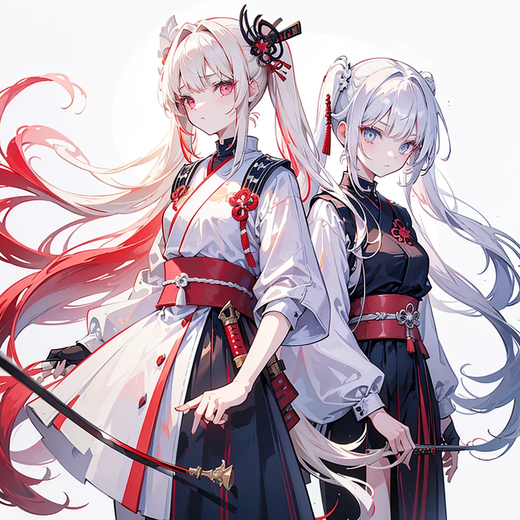 Two girls, one with beige hair and very red eyes, the other with white hair and blue eyes, twin tails, long hair, white background, colorful jewels, light, high quality, standing back to back, holding a samurai sword